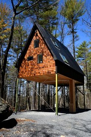 Eco-Friendly Solar Powered A-Frame Treehouse with Hot Tub and Private Dock  on Littlefield Pond, near Wells, Maine - Sanford, Maine - glamping.directory