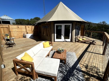 Scenic Hill Country Safari Tent Retreat with Hot Tub near Lake Travis in Marble Falls, Texas - Travis County, Texas - glamping.directory