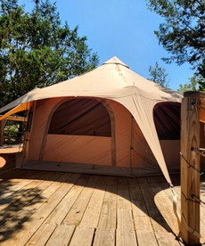 Rustic Bell Tent Rental with a Fire Pit for a Glamping Getaway in Nature near San Antonio, Texas - Pipe Creek, Texas - glamping.directory