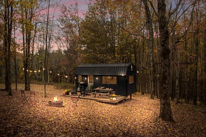 Off-Grid Tiny Cabin Retreat with Fire Pit & Forest Views in Bovina, New York - glamping.directory