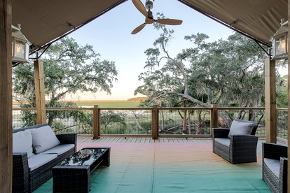 Secluded Treehouse Tent Retreat on the Marsh with Outdoor Dining, Grilling Gear, Games, Views in Townsend, Georgia - Townsend, Georgia - glamping.directory