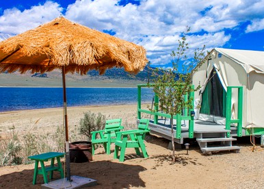 Cozy Lakeside Glamping Cabin with Mountain Views near Eastern Sierra, California - glamping.directory