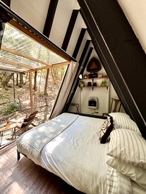 Secluded A-Frame Tiny Cabin with Waterfall View Near Shasta-Trinity National Forest, Burnt Ranch, California - Burnt Ranch, California - glamping.directory