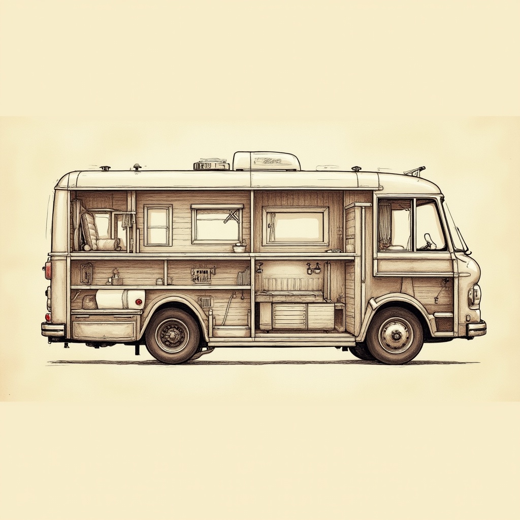 Bus Conversions — interior view, technical schematic illustration