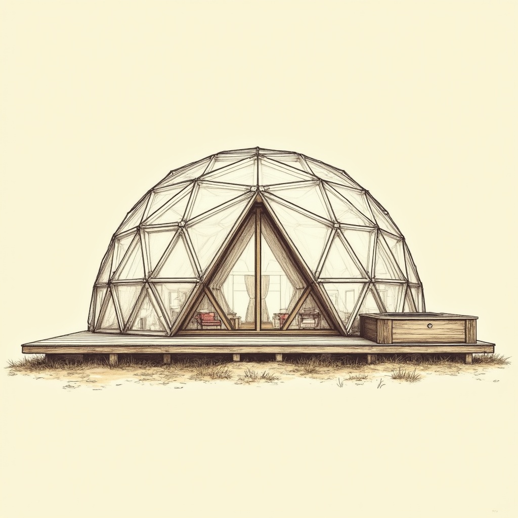 Geodesic Domes — exterior view, technical schematic illustration