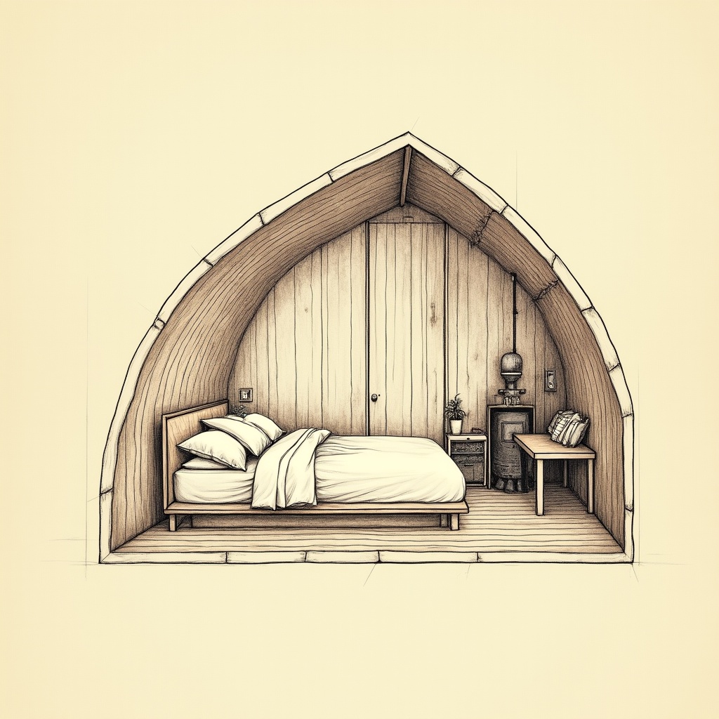 Glamping Pods — interior view, technical schematic illustration