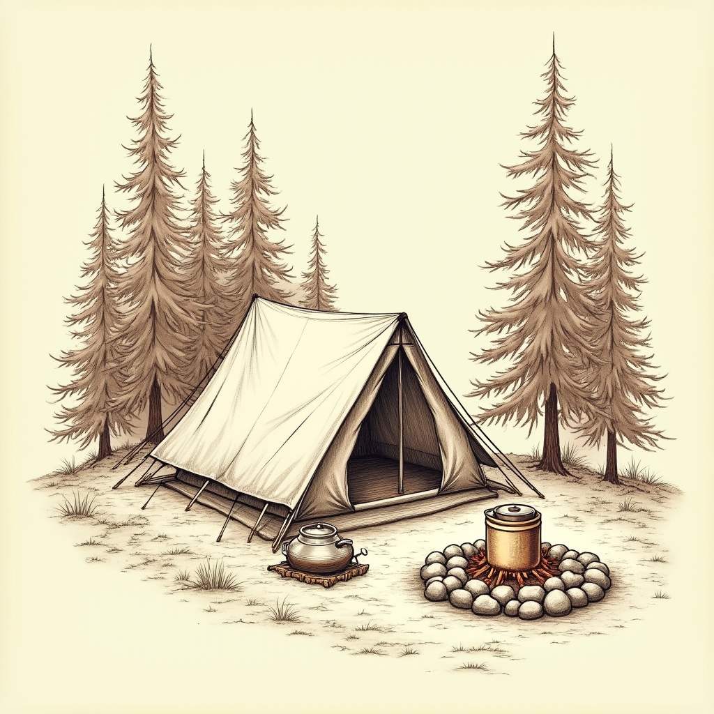 Primitive Camping — exterior view, technical schematic illustration