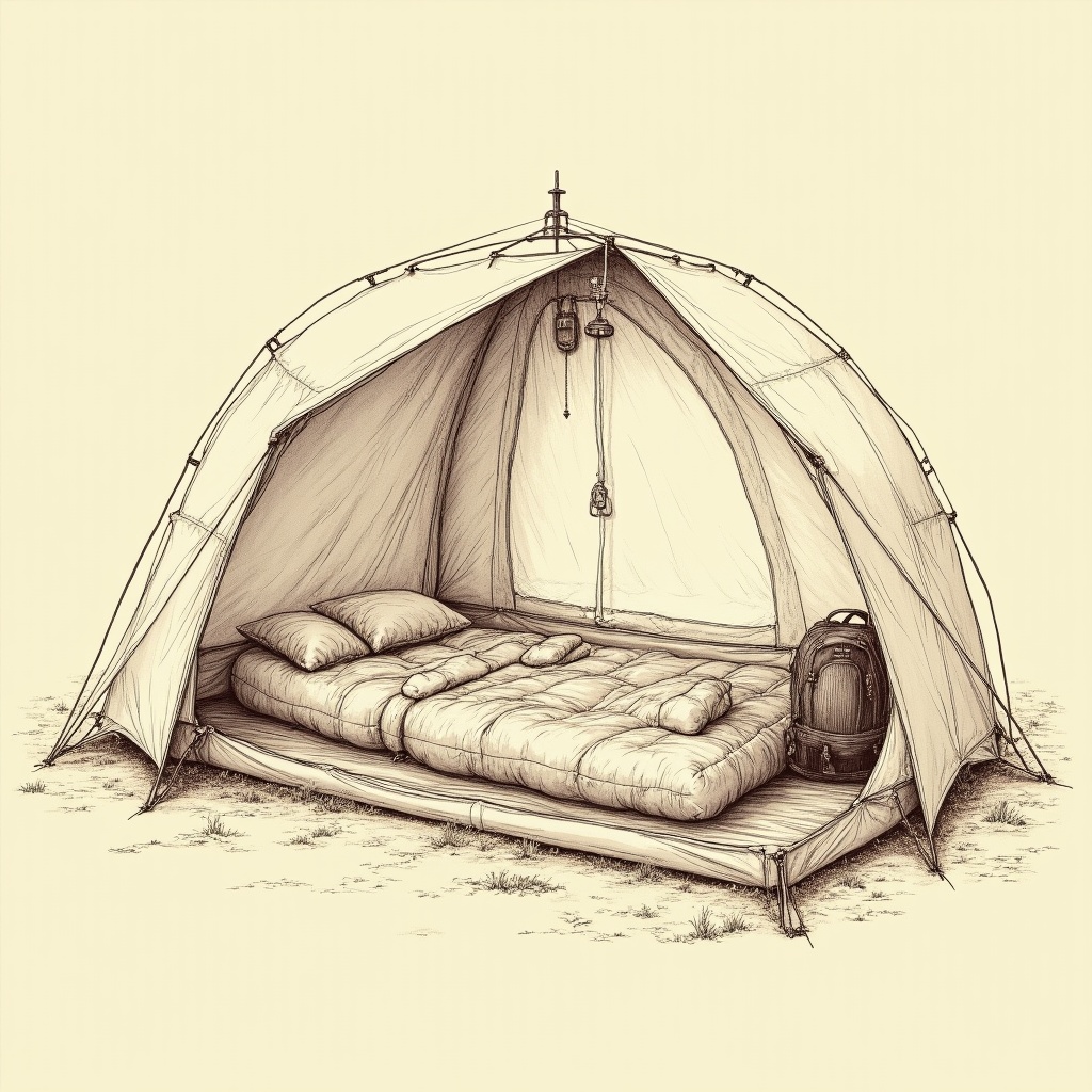Primitive Camping — interior view, technical schematic illustration