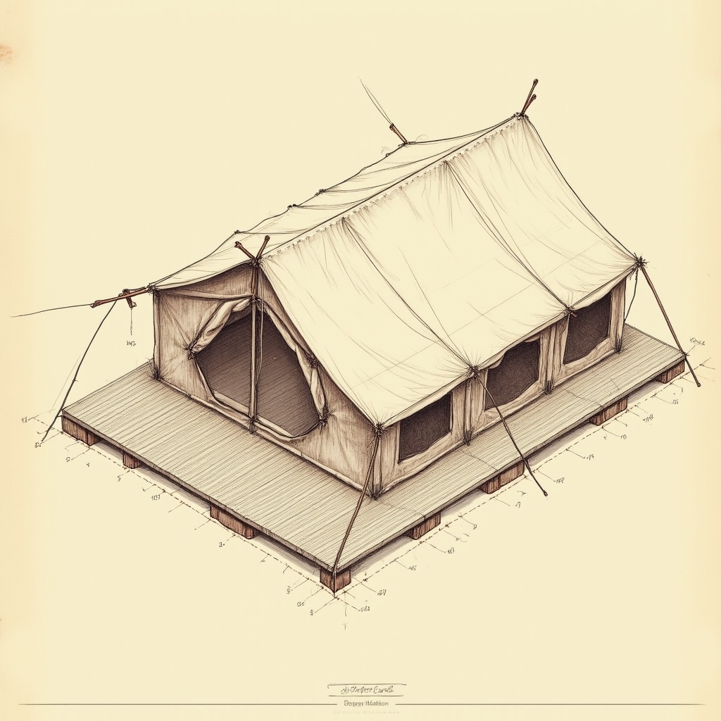 Safari Tents — exploded view, technical schematic illustration