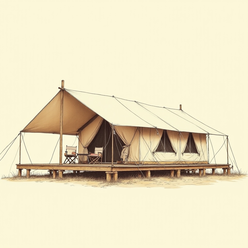 Safari Tents — exterior view, technical schematic illustration