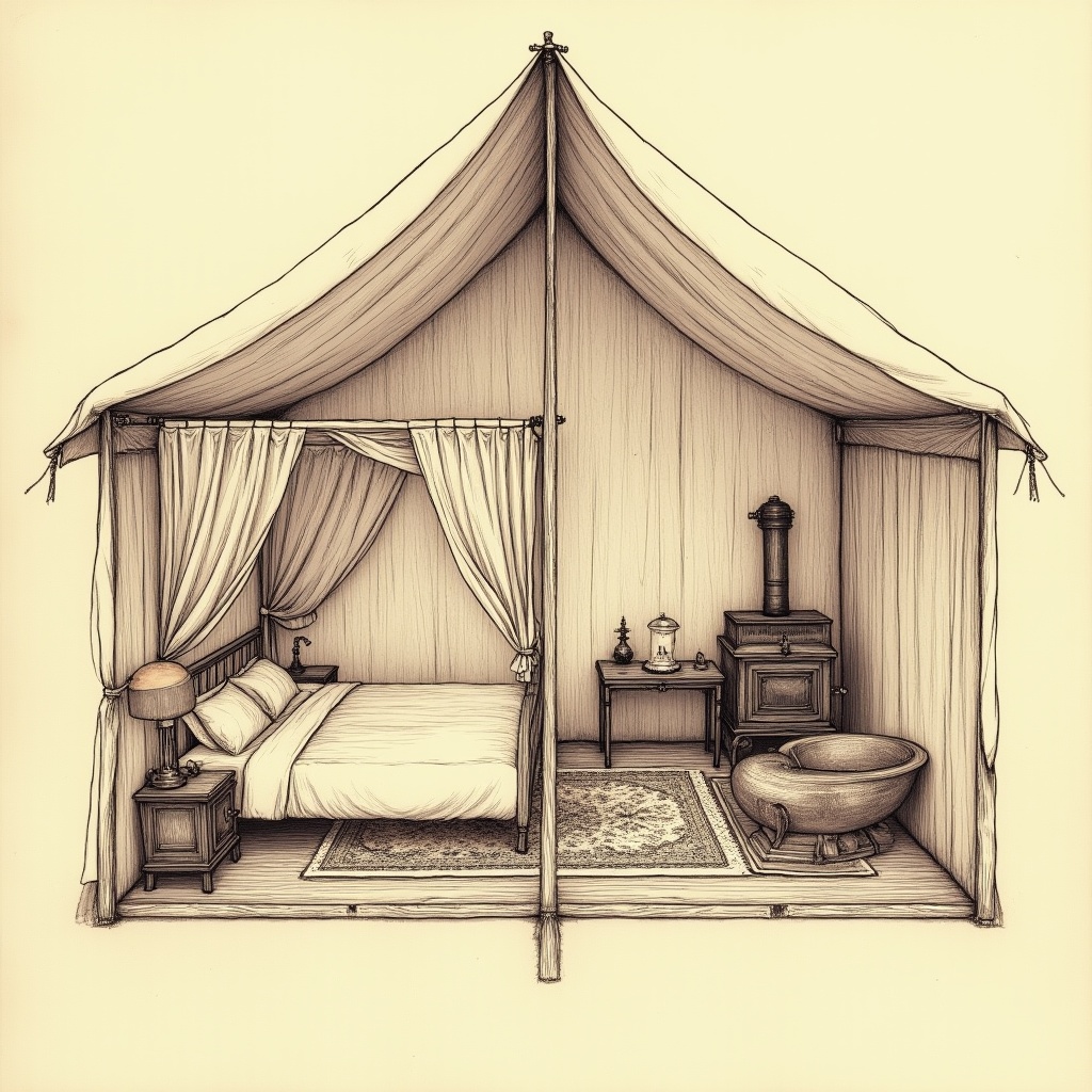 Safari Tents — interior view, technical schematic illustration