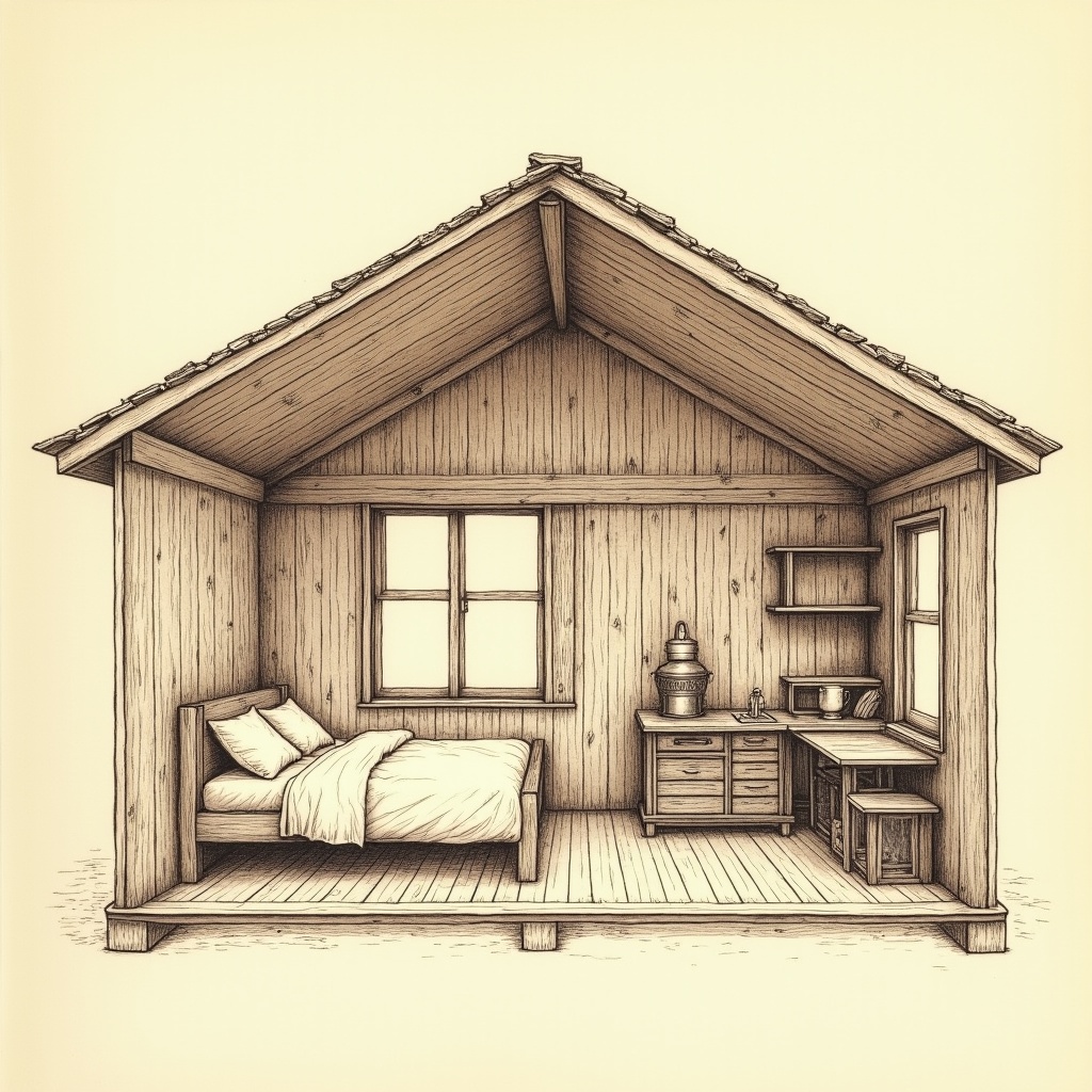Shepherd Huts — interior view, technical schematic illustration
