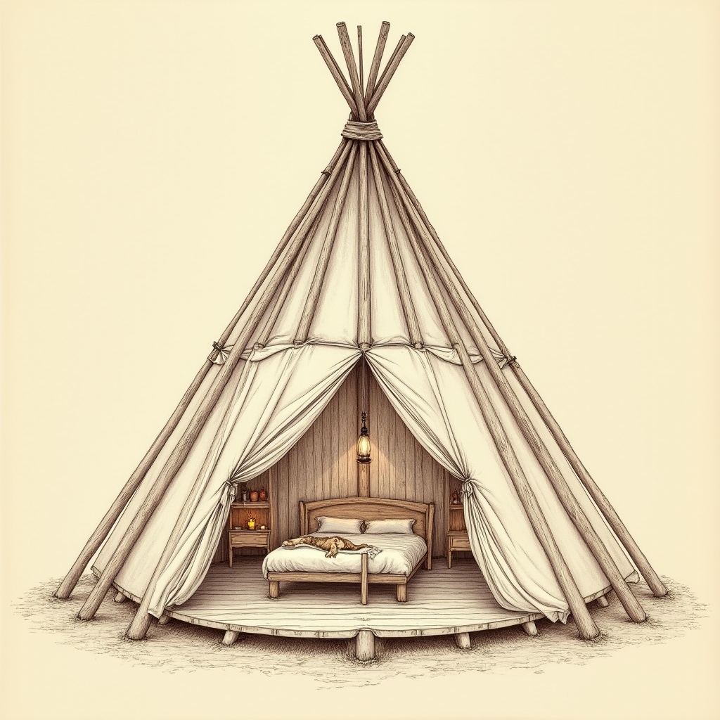 Teepees — interior view, technical schematic illustration