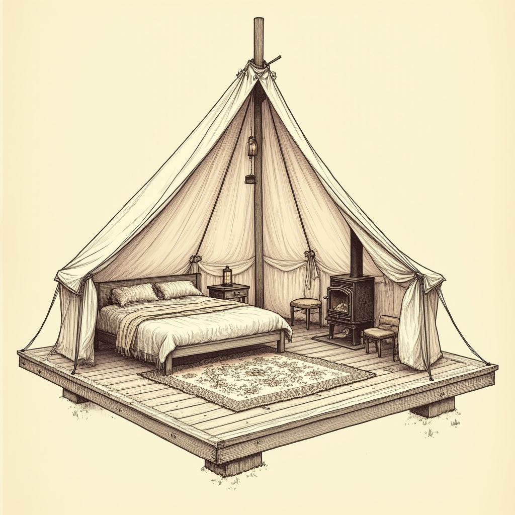 Tent Platforms β interior view, technical schematic illustration