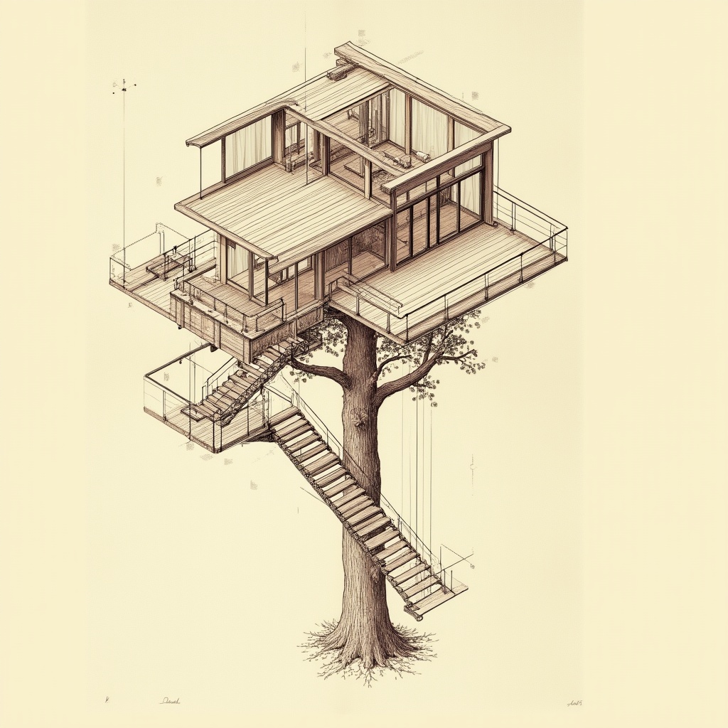 Treehouses — exploded view, technical schematic illustration