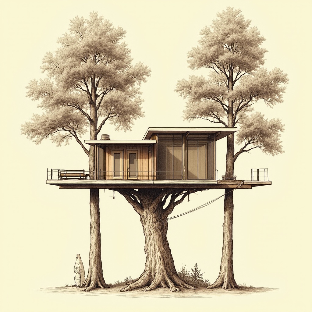 Treehouses — exterior view, technical schematic illustration