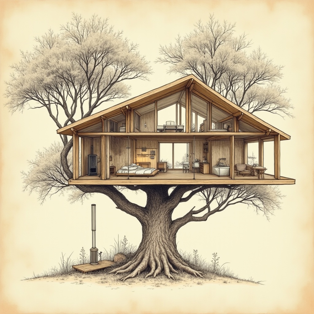 Treehouses — interior view, technical schematic illustration