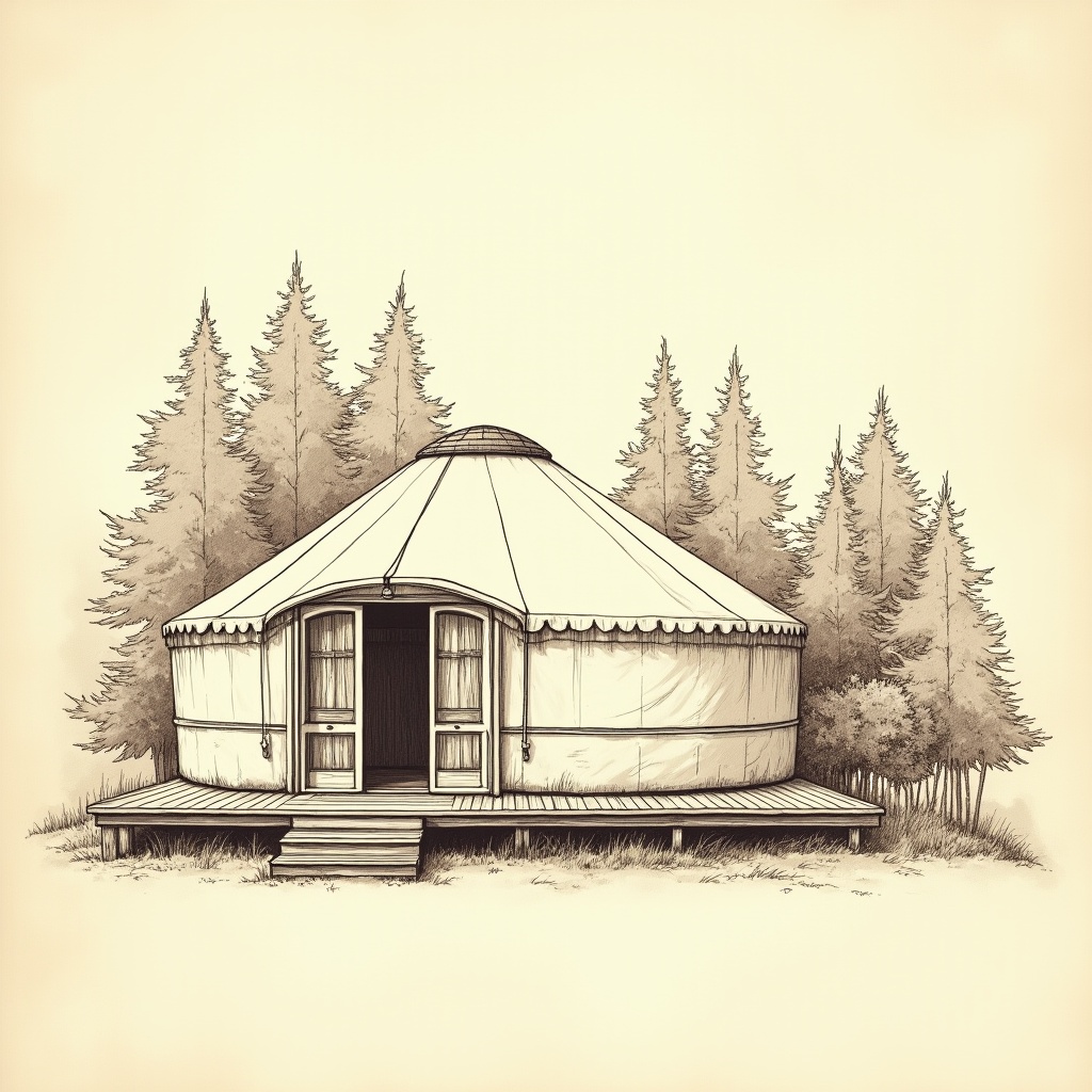 Yurts — exterior view, technical schematic illustration