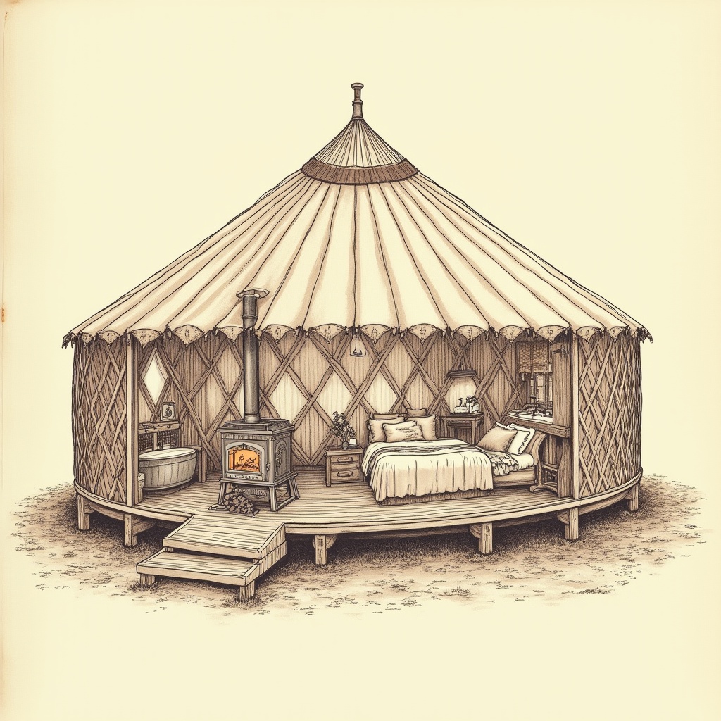 Yurts — interior view, technical schematic illustration